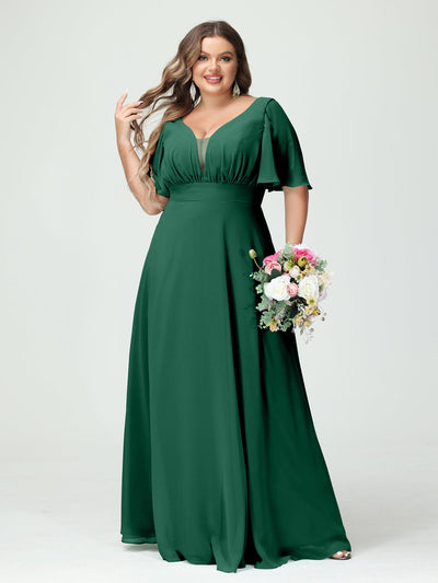 A-Line/Princess V-Neck Half Sleeves Chiffon Plus Size Bridesmaid Dresses with Pockets