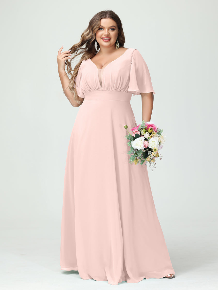 A Line Princess V Neck Half Sleeves Chiffon Plus Size Bridesmaid Dresses with Pockets