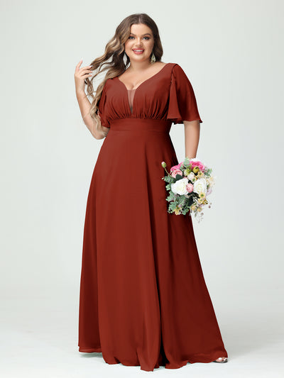 A-Line/Princess V-Neck Half Sleeves Chiffon Plus Size Bridesmaid Dresses with Pockets