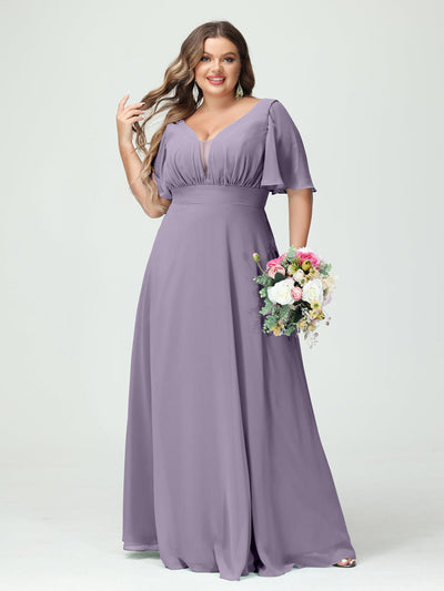 A-Line/Princess V-Neck Half Sleeves Chiffon Plus Size Bridesmaid Dresses with Pockets