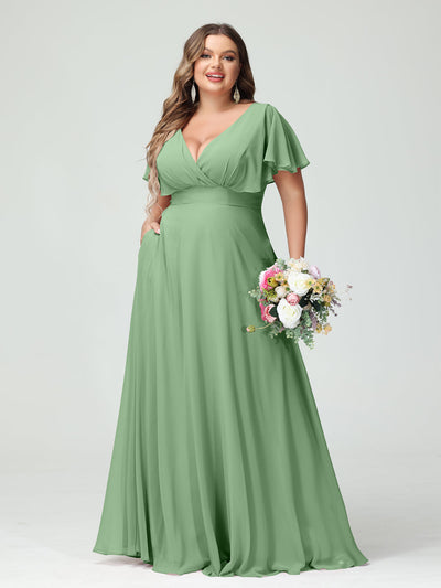 A-Line/Princess V-Neck Short Sleeves Chiffon Plus Size Bridesmaid Dresses with Pockets