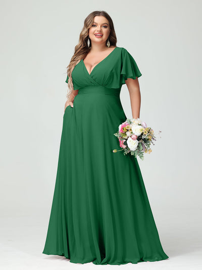 A-Line/Princess V-Neck Short Sleeves Chiffon Plus Size Bridesmaid Dresses with Pockets