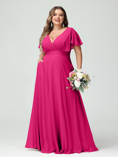 A-Line/Princess V-Neck Short Sleeves Chiffon Plus Size Bridesmaid Dresses with Pockets