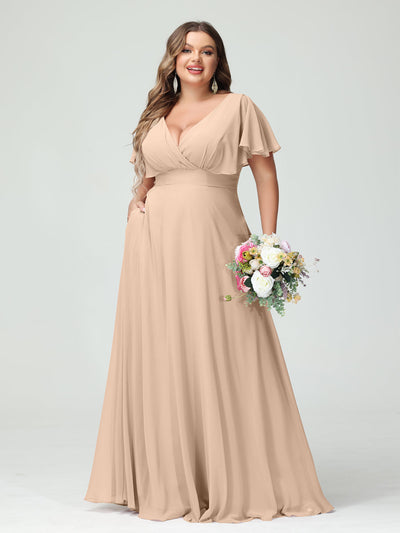 A-Line/Princess V-Neck Short Sleeves Chiffon Plus Size Bridesmaid Dresses with Pockets