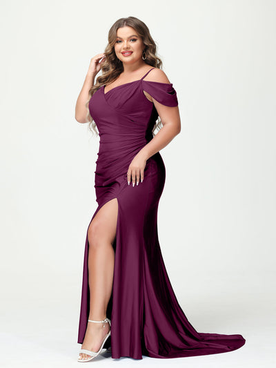 Mermaid Spaghetti Straps V-Neck Short Sleeves Plus Size Maxi Dresses with Split Side