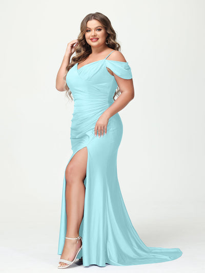 Mermaid Spaghetti Straps V-Neck Short Sleeves Plus Size Maxi Dresses with Split Side