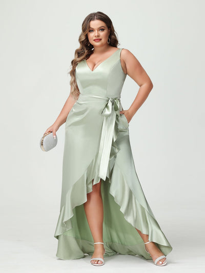 Sheath/Column V-Neck Sleeveless Ruffles High Low Plus Size Dresses with Pockets & Sash