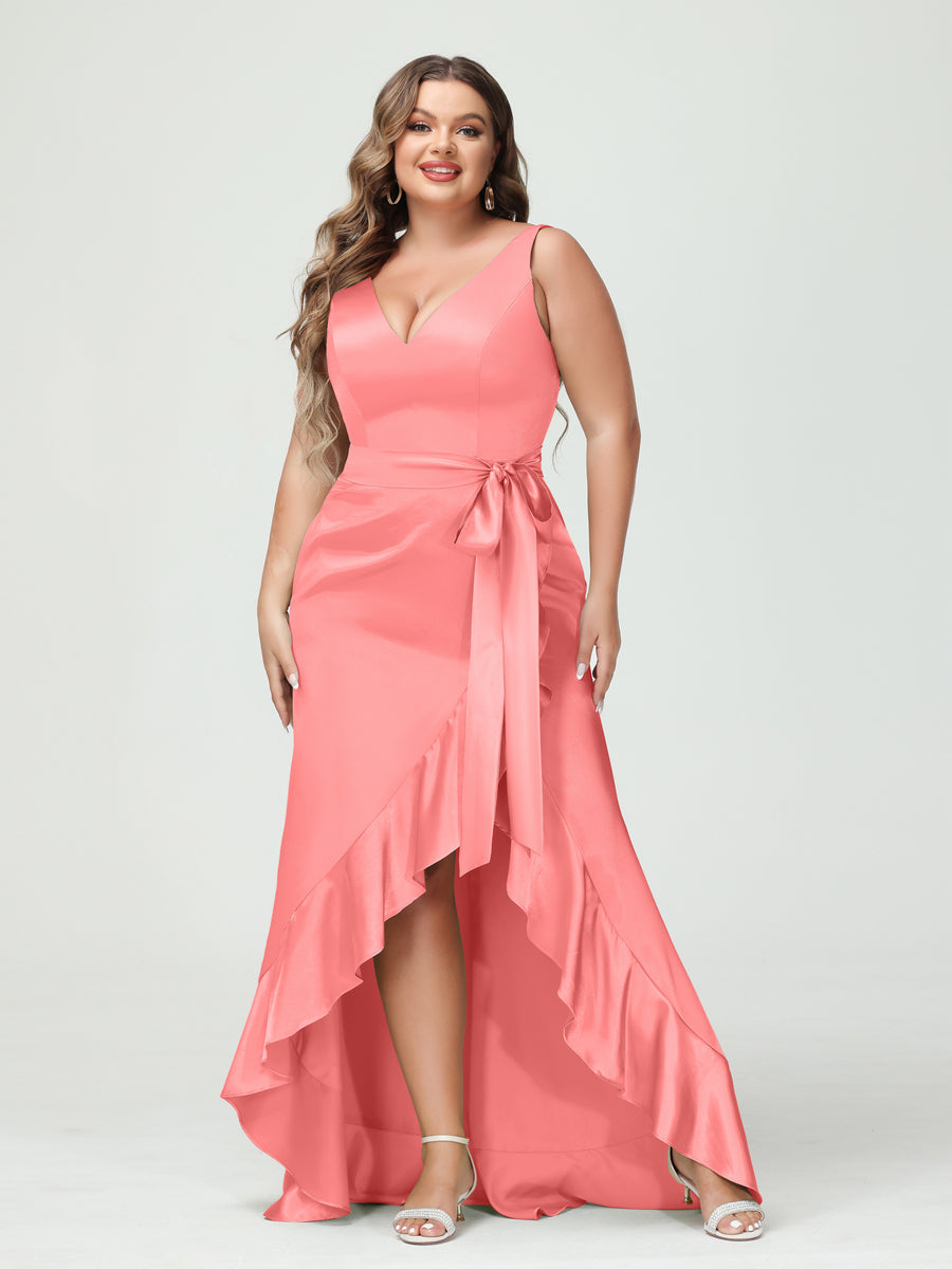 Sheath/Column V-Neck Sleeveless Ruffles High Low Plus Size Dresses with Pockets & Sash