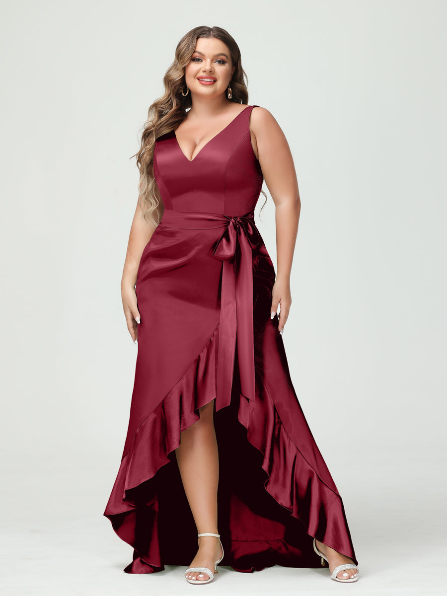 Sheath/Column V-Neck Sleeveless Ruffles High Low Plus Size Dresses with Pockets & Sash