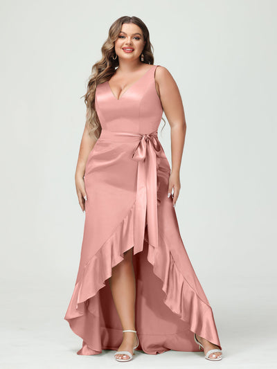 Sheath/Column V-Neck Sleeveless Ruffles High Low Plus Size Dresses with Pockets & Sash