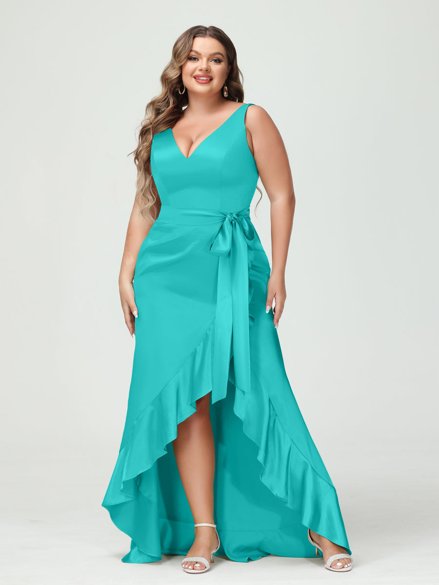 Sheath/Column V-Neck Sleeveless Ruffles High Low Plus Size Dresses with Pockets & Sash