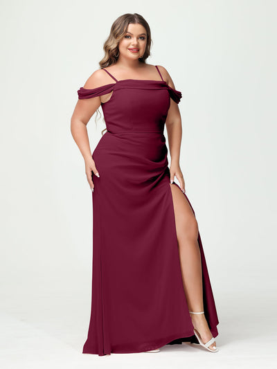 Sheath/Column Spaghetti Straps Off-the-Shoulder Chiffon Split Side Plus Size Bridesmaid Dresses