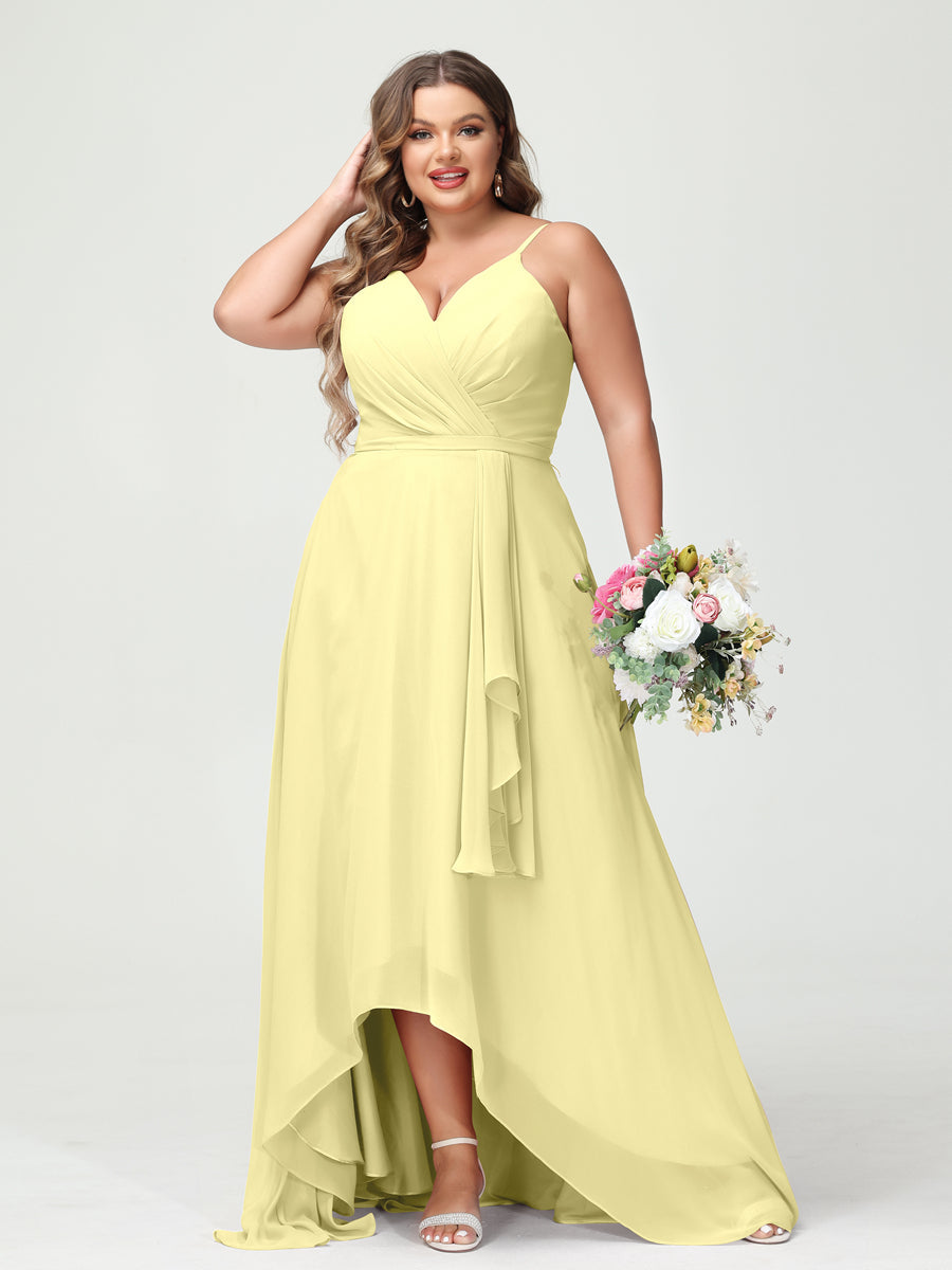 A-Line/Princess Spaghetti Straps Chiffon Ruffles Asymmetrical Plus Size Bridesmaid Dresses with Pockets