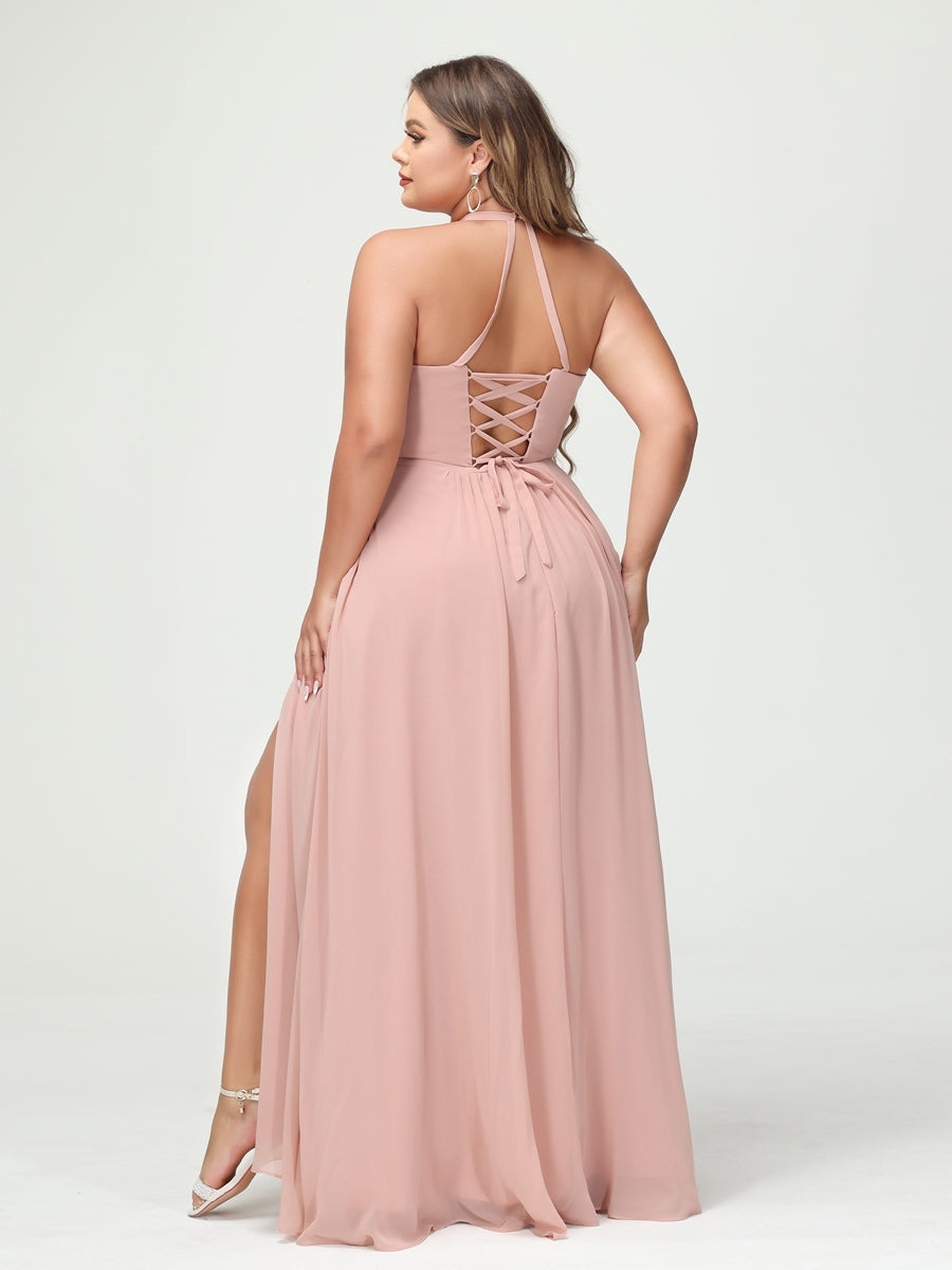 A-Line/Princess Halter Sleeveless Chiffon Ruched Split Side Plus Size Bridesmaid Dresses with Pockets