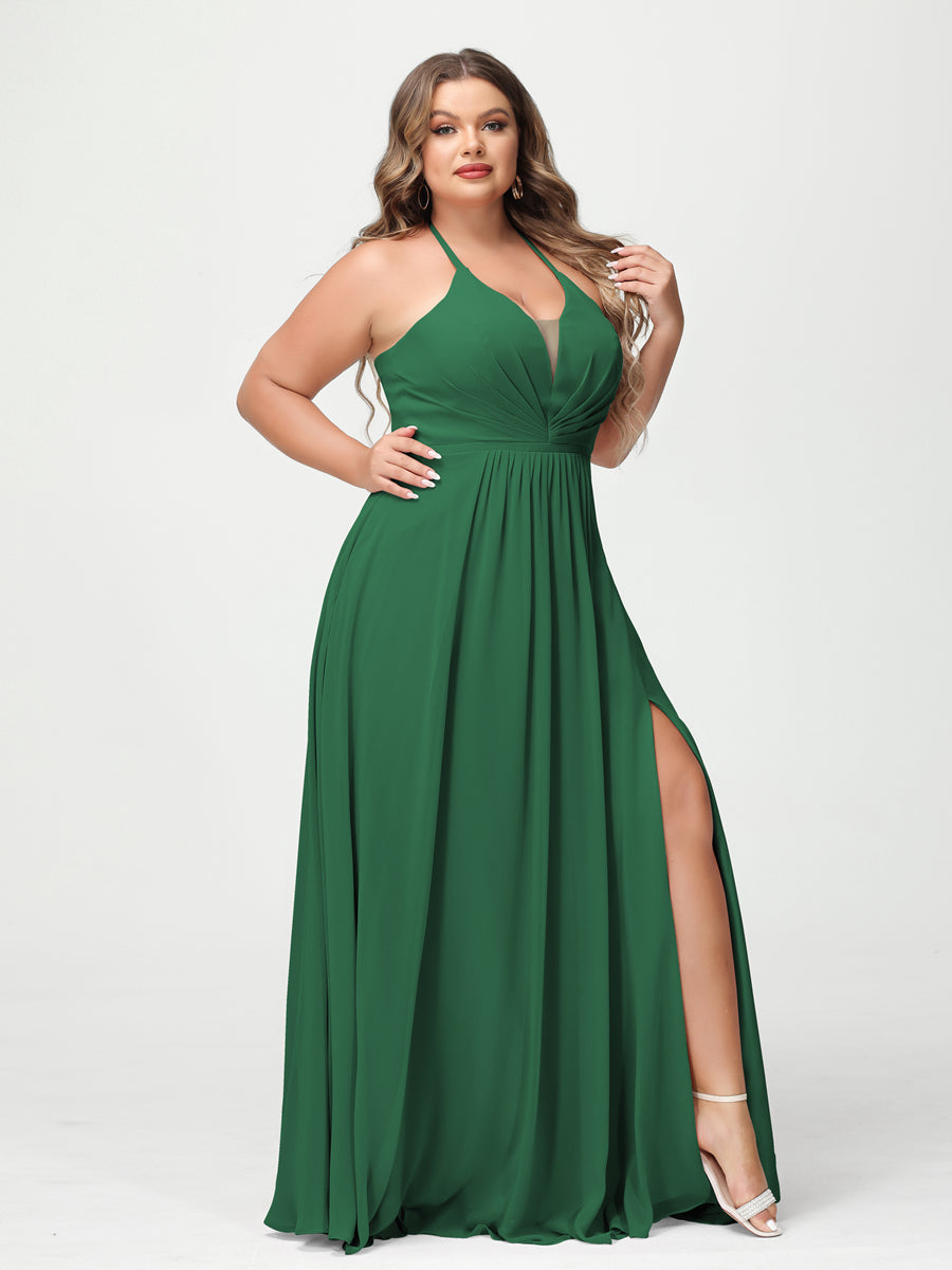 A-Line/Princess Halter Sleeveless Chiffon Ruched Split Side Plus Size Bridesmaid Dresses with Pockets