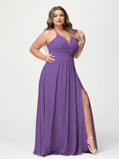 A-Line/Princess Halter Sleeveless Chiffon Ruched Split Side Plus Size Bridesmaid Dresses with Pockets