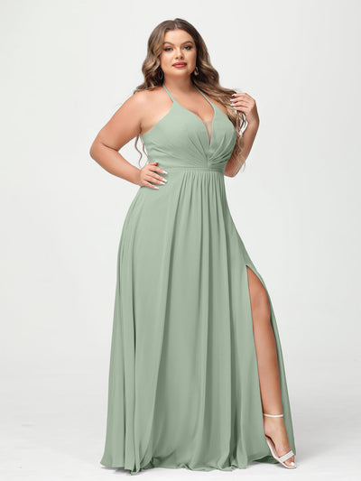 A-Line/Princess Halter Sleeveless Chiffon Ruched Split Side Plus Size Bridesmaid Dresses with Pockets