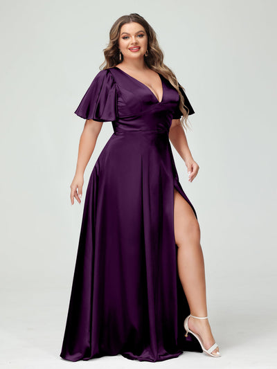 A-Line V-Neck Half Sleeves Silk Satin Plus Size Bridesmaid Dresses with Pockets