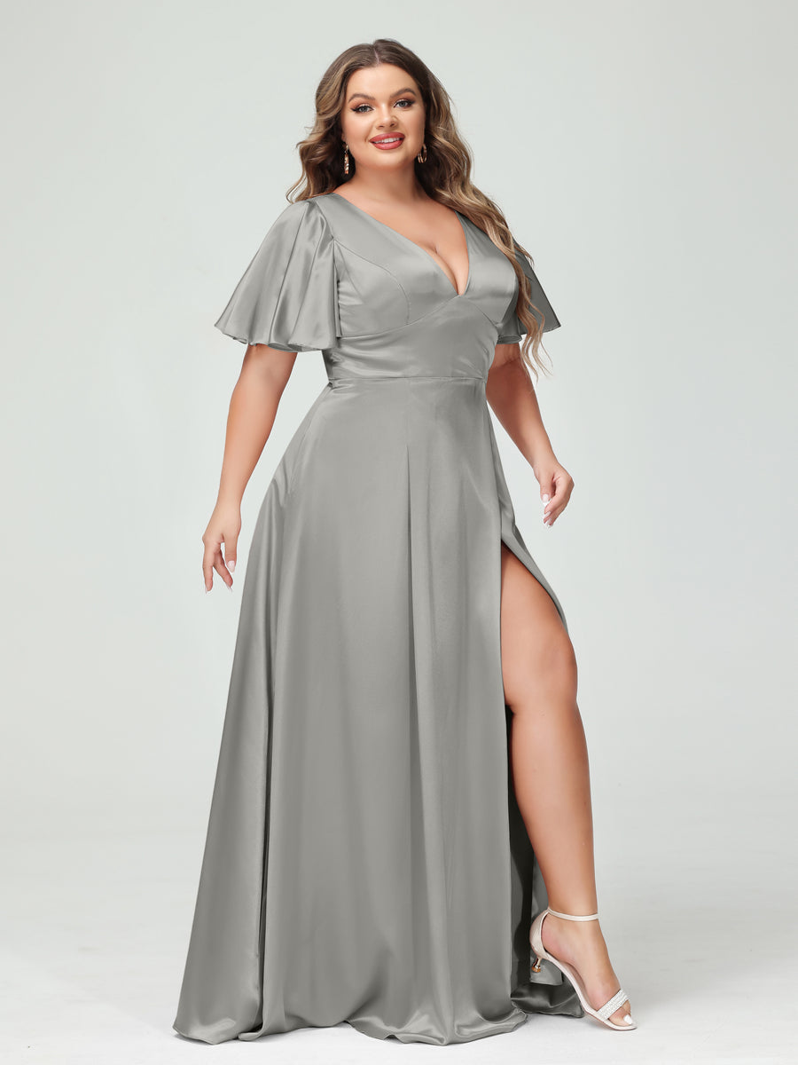 A-Line V-Neck Half Sleeves Silk Satin Plus Size Bridesmaid Dresses with Pockets