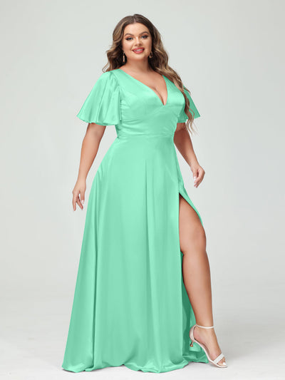 A-Line V-Neck Half Sleeves Silk Satin Plus Size Bridesmaid Dresses with Pockets