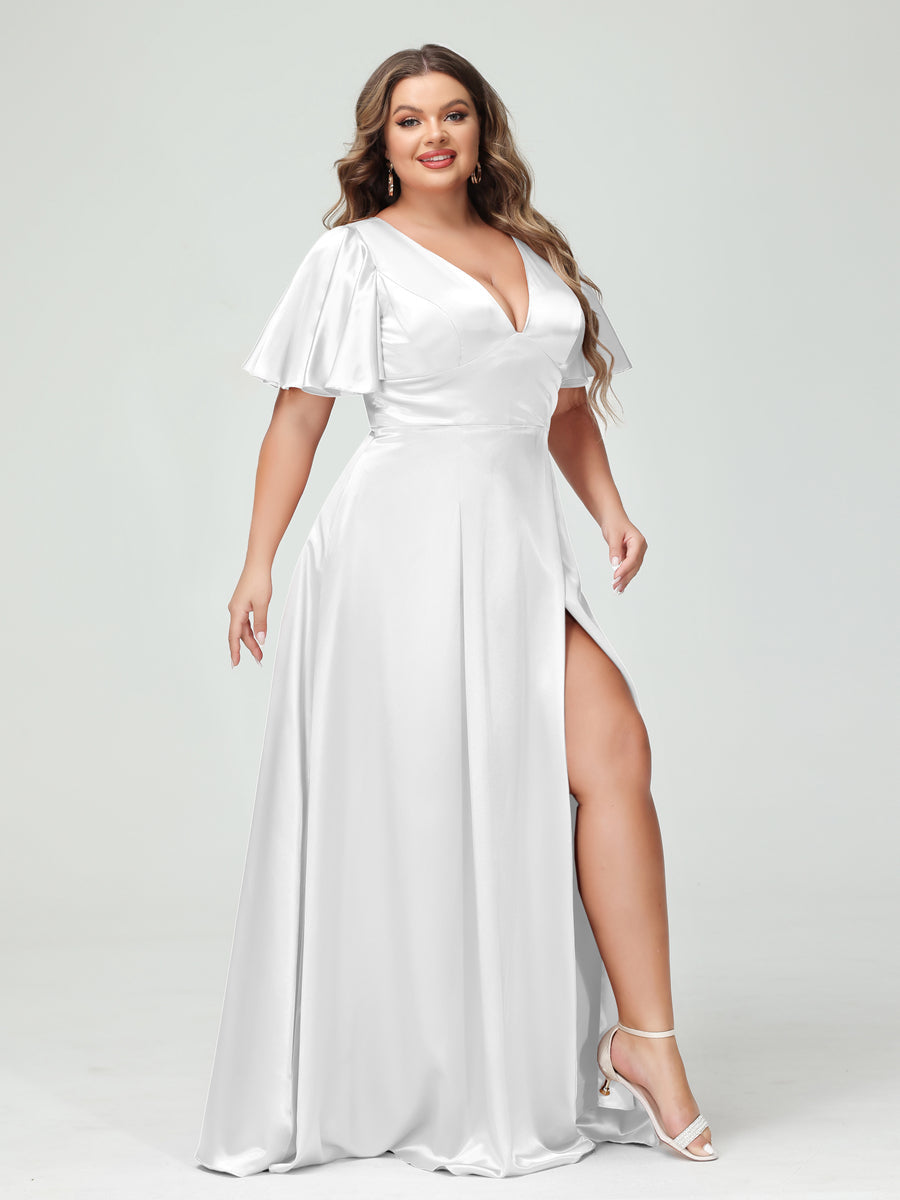 A Line V Neck Half Sleeves Silk Satin Plus Size Bridesmaid Dresses wit Lavetir UK