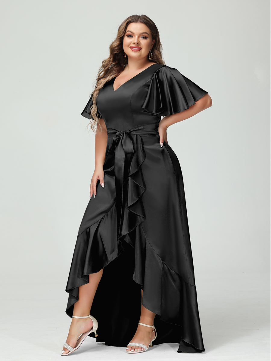 Sheath/Column V-Neck Short Sleeves Ruffles Asymmetrical Plus Size Dresses with Pockets & Sash