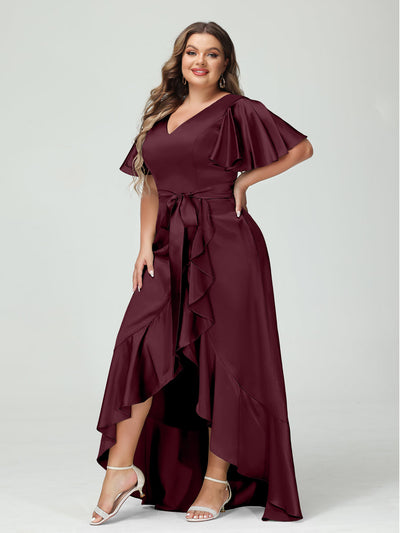 Sheath/Column V-Neck Short Sleeves Ruffles Asymmetrical Plus Size Dresses with Pockets & Sash