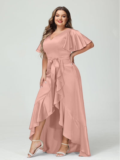 Sheath/Column V-Neck Short Sleeves Ruffles Asymmetrical Plus Size Dresses with Pockets & Sash