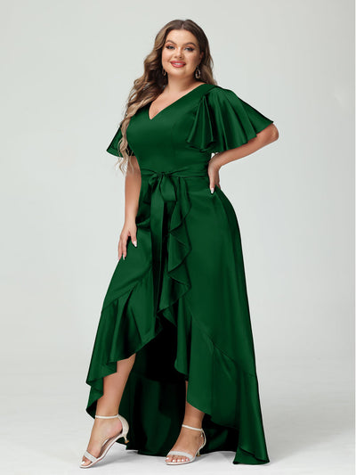 Sheath/Column V-Neck Short Sleeves Ruffles Asymmetrical Plus Size Dresses with Pockets & Sash