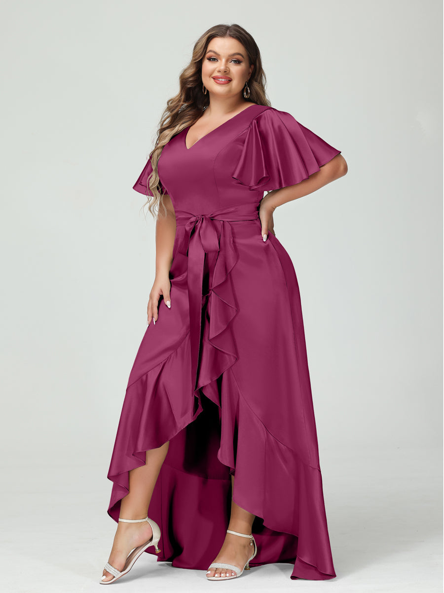 Sheath/Column V-Neck Short Sleeves Ruffles Asymmetrical Plus Size Dresses with Pockets & Sash