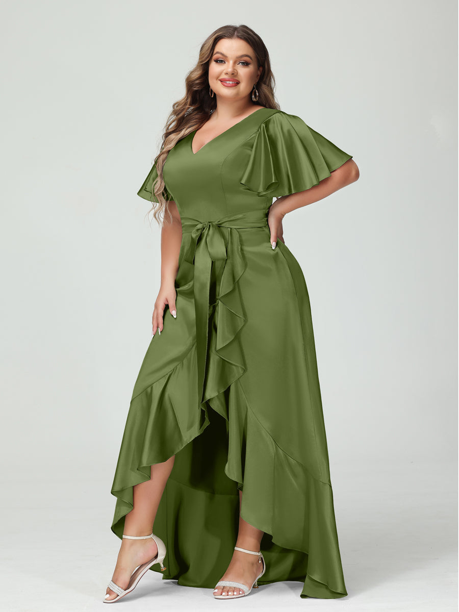 Sheath/Column V-Neck Short Sleeves Ruffles Asymmetrical Plus Size Dresses with Pockets & Sash