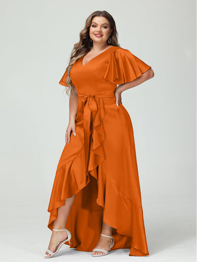 Sheath/Column V-Neck Short Sleeves Ruffles Asymmetrical Plus Size Dresses with Pockets & Sash