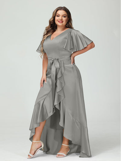 Sheath/Column V-Neck Short Sleeves Ruffles Asymmetrical Plus Size Dresses with Pockets & Sash