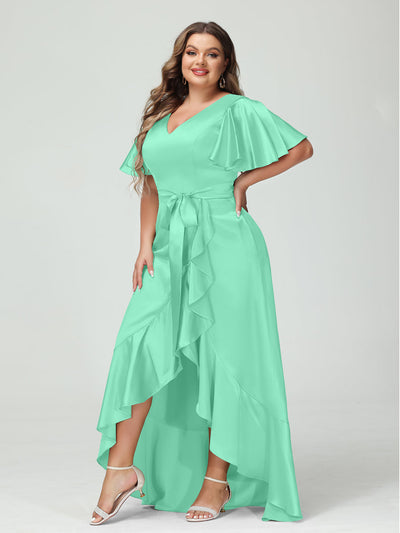 Sheath/Column V-Neck Short Sleeves Ruffles Asymmetrical Plus Size Dresses with Pockets & Sash