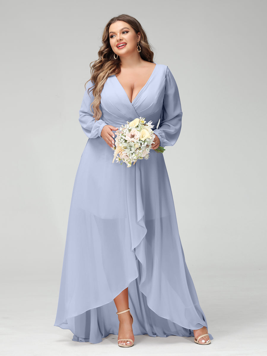 A-Line/Princess V-Neck Long Sleeves Chiffon Ruched Asymmetrical Plus Size Bridesmaid Dresses with Pockets