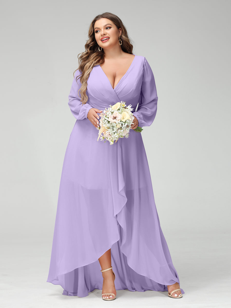 A-Line/Princess V-Neck Long Sleeves Chiffon Ruched Asymmetrical Plus Size Bridesmaid Dresses with Pockets