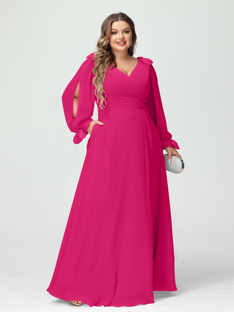 A-Line/Princess V-Neck Long Sleeves Chiffon Split Side Plus Size Bridesmaid Dresses with Pockets