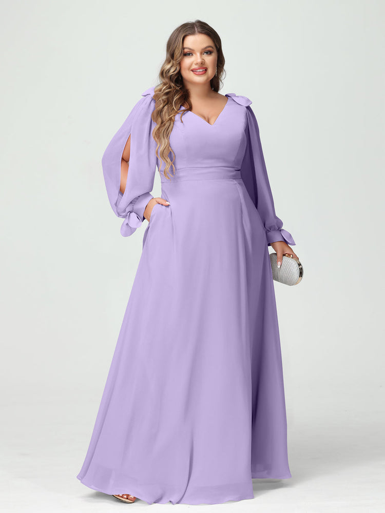 A Line Princess V Neck Long Sleeves Chiffon Split Side Plus Size Bridesmaid Dresses with Pockets