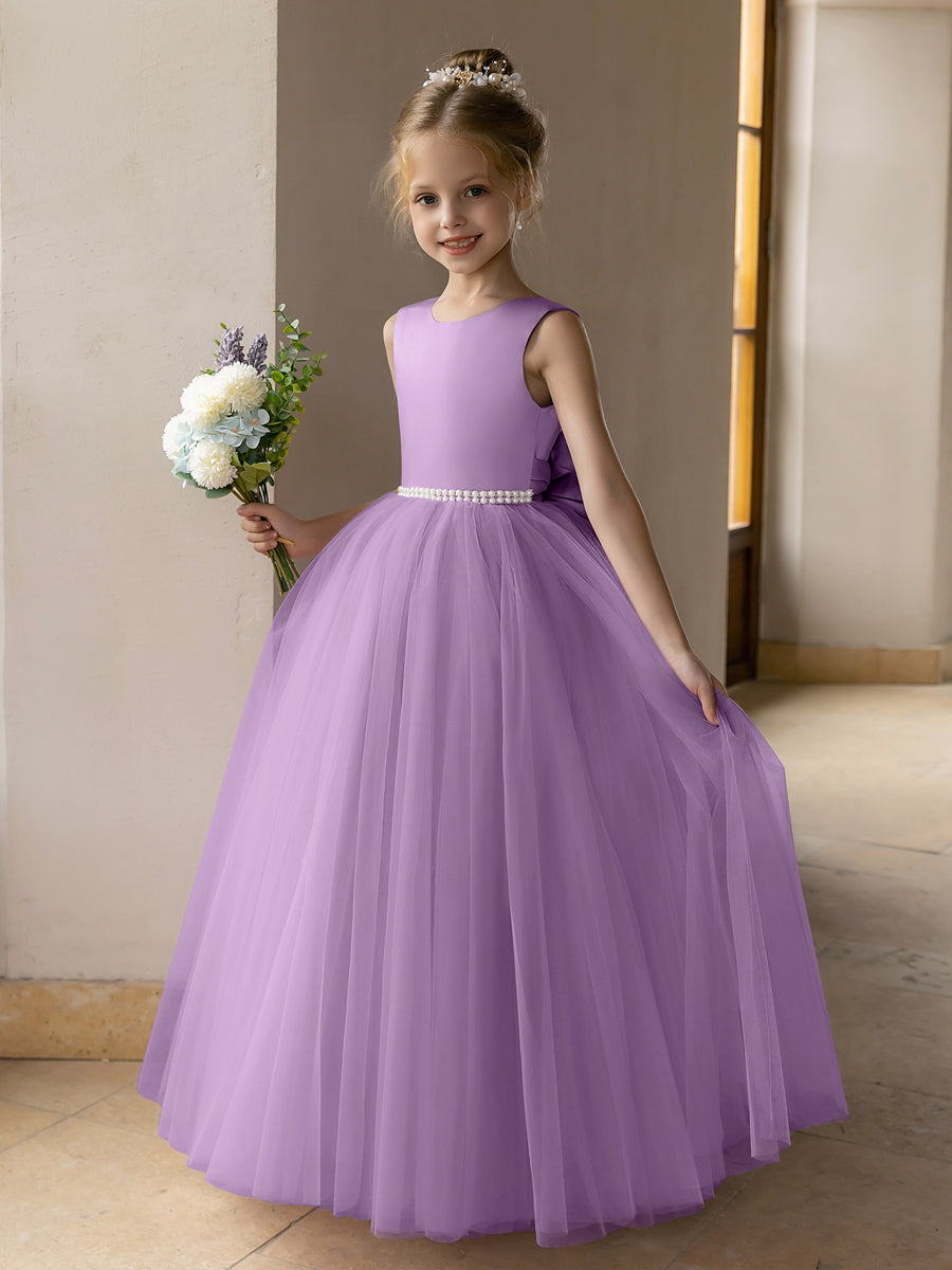 Tulle Ball Gown Princess Flower Girl Dresses With Pearls Satin Bowkn Lavetir UK