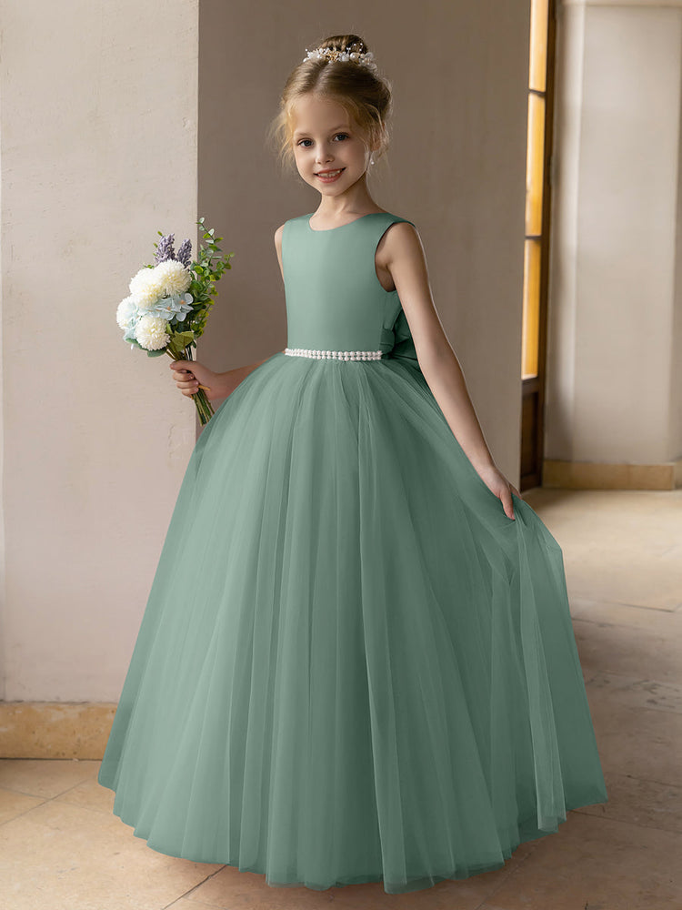 Tulle Ball Gown Princess Flower Girl Dresses With Pearls Satin Bowknot