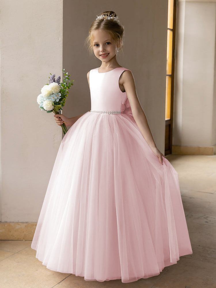 Tulle Ball Gown Princess Flower Girl Dresses With Pearls Satin Bowknot