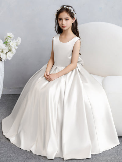 Crew Neck Satin Flower Girl Dresses with Bowknot