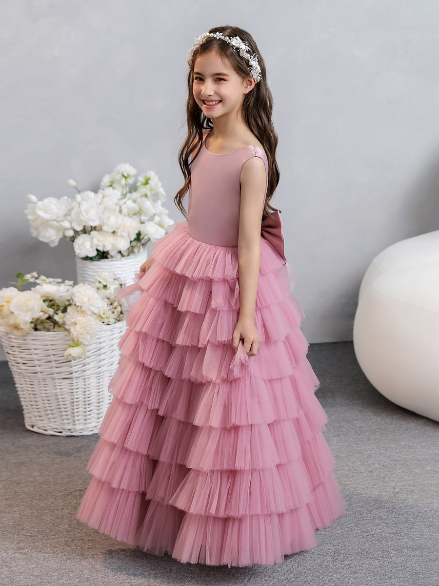 Crew Neck Satin Tulle Flower Girl Dresses with Tiered Pleats & Bowknot