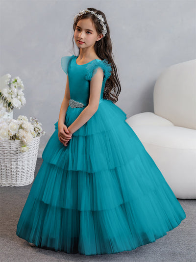 Tulle Ball Gown/Princess Flower Girl Dresses With Tiered Pleats & Rhinestones