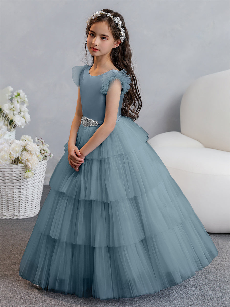 Tulle Ball Gown/Princess Flower Girl Dresses With Tiered Pleats & Rhinestones