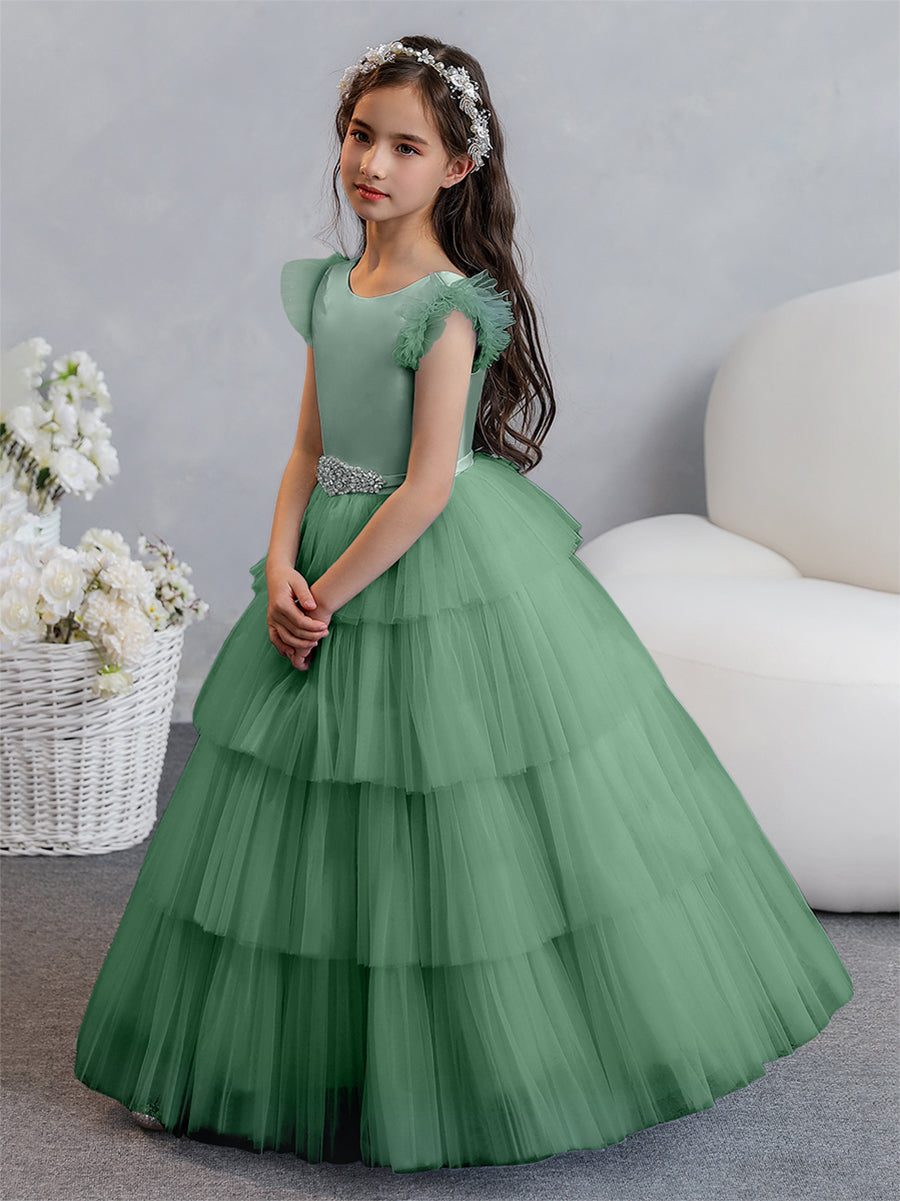 Tulle Ball Gown/Princess Flower Girl Dresses With Tiered Pleats & Rhinestones