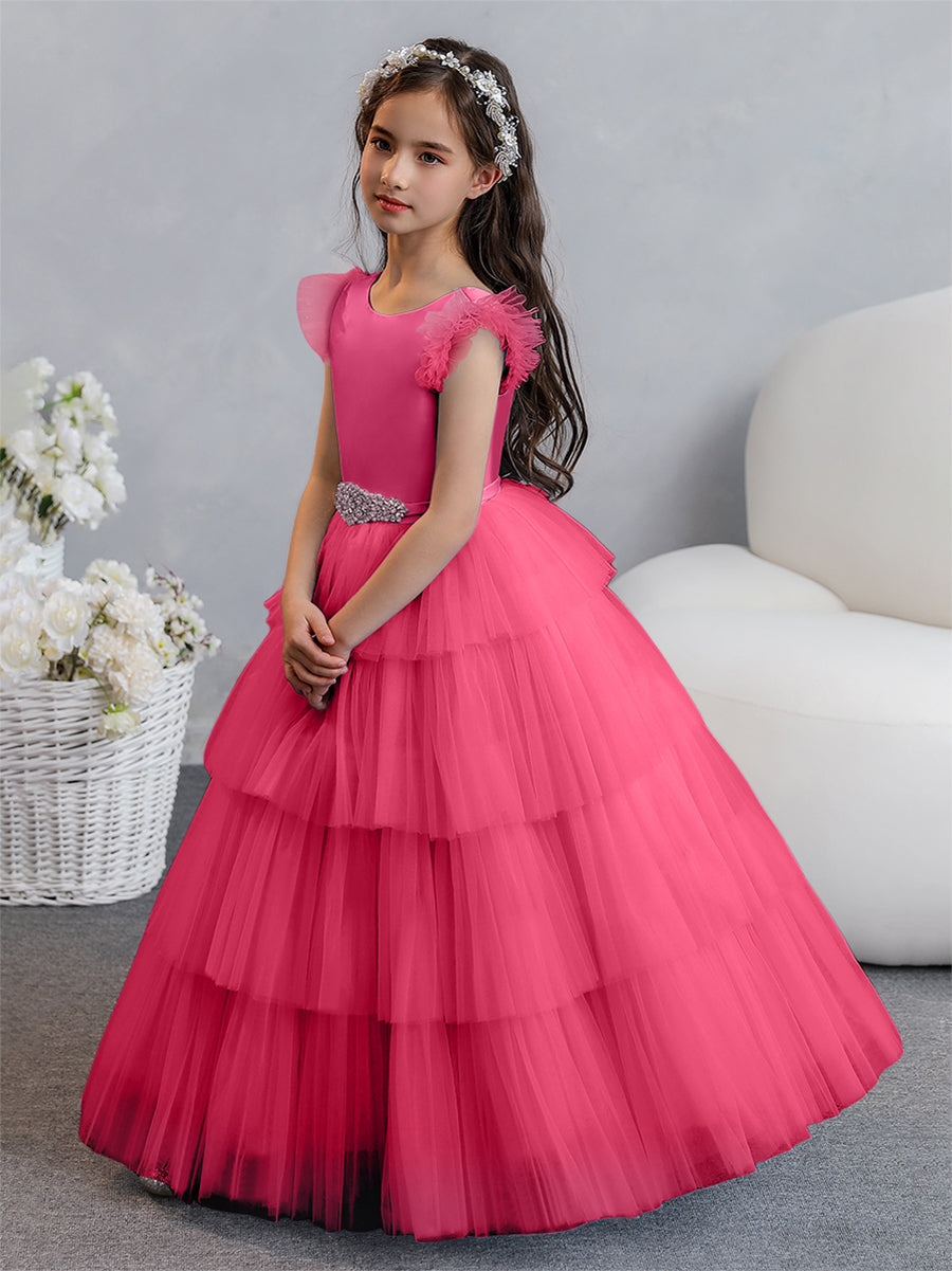 Tulle Ball Gown/Princess Flower Girl Dresses With Tiered Pleats & Rhinestones