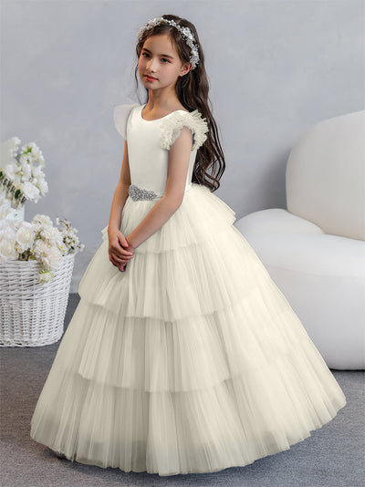 Tulle Ball Gown/Princess Flower Girl Dresses With Tiered Pleats & Rhinestones