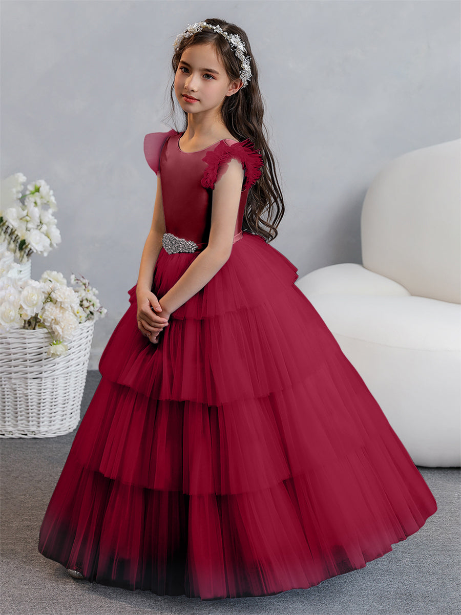 Tulle Ball Gown/Princess Flower Girl Dresses With Tiered Pleats & Rhinestones