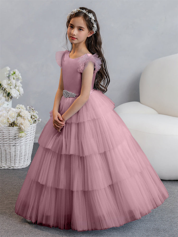 Tulle Ball Gown Princess Flower Girl Dresses With Tiered Pleats Rhinestones